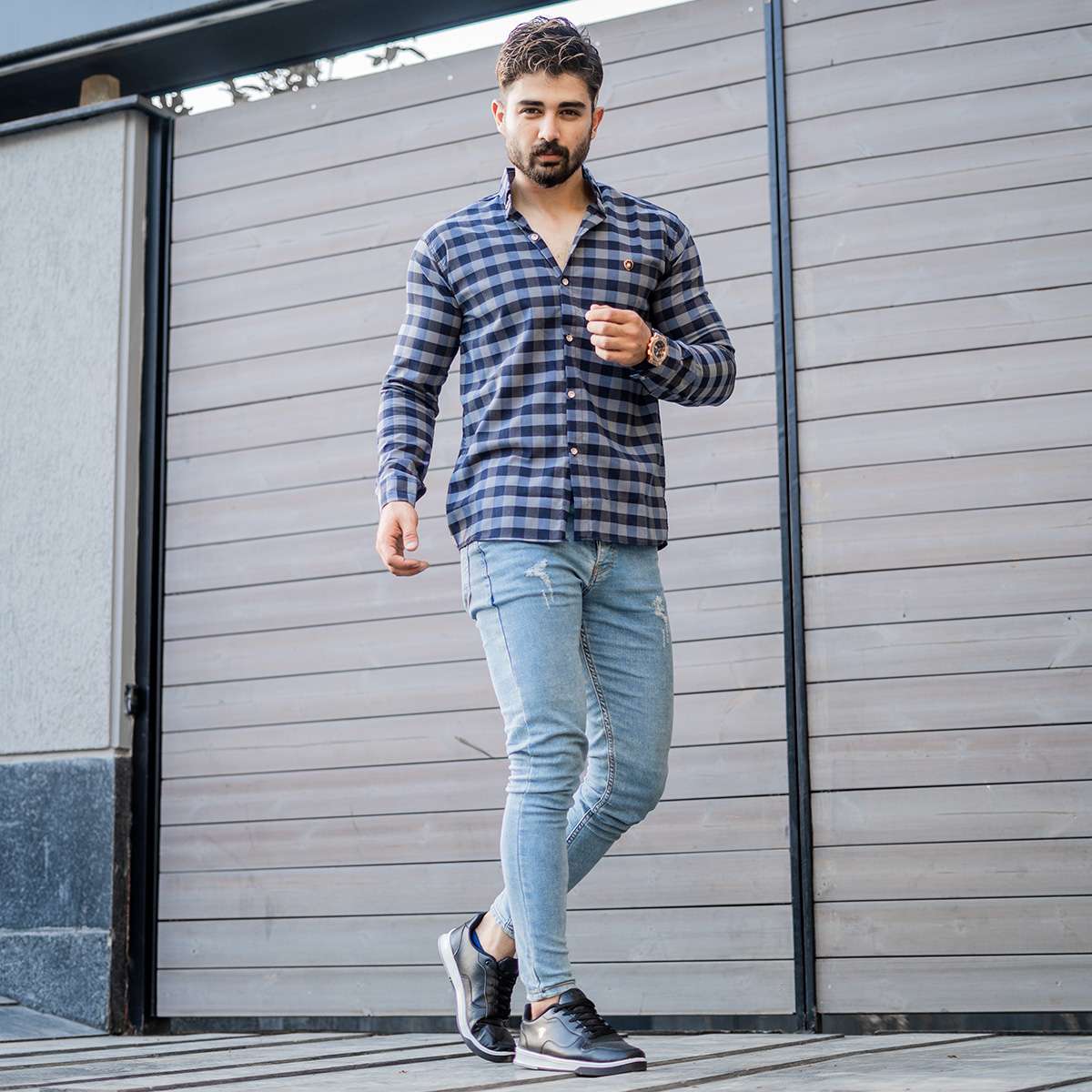 پیراهن چهار خونه آبی مردانه مدل Morik