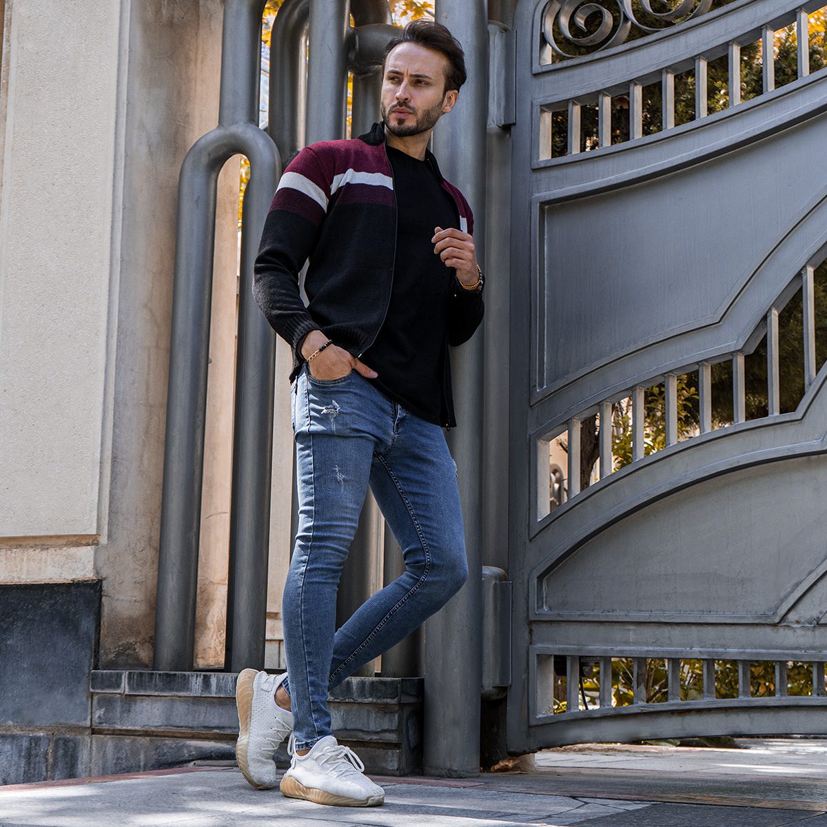 بافت مردانه زیپ دار دورنگ زرشکی مشکی مدل shadima