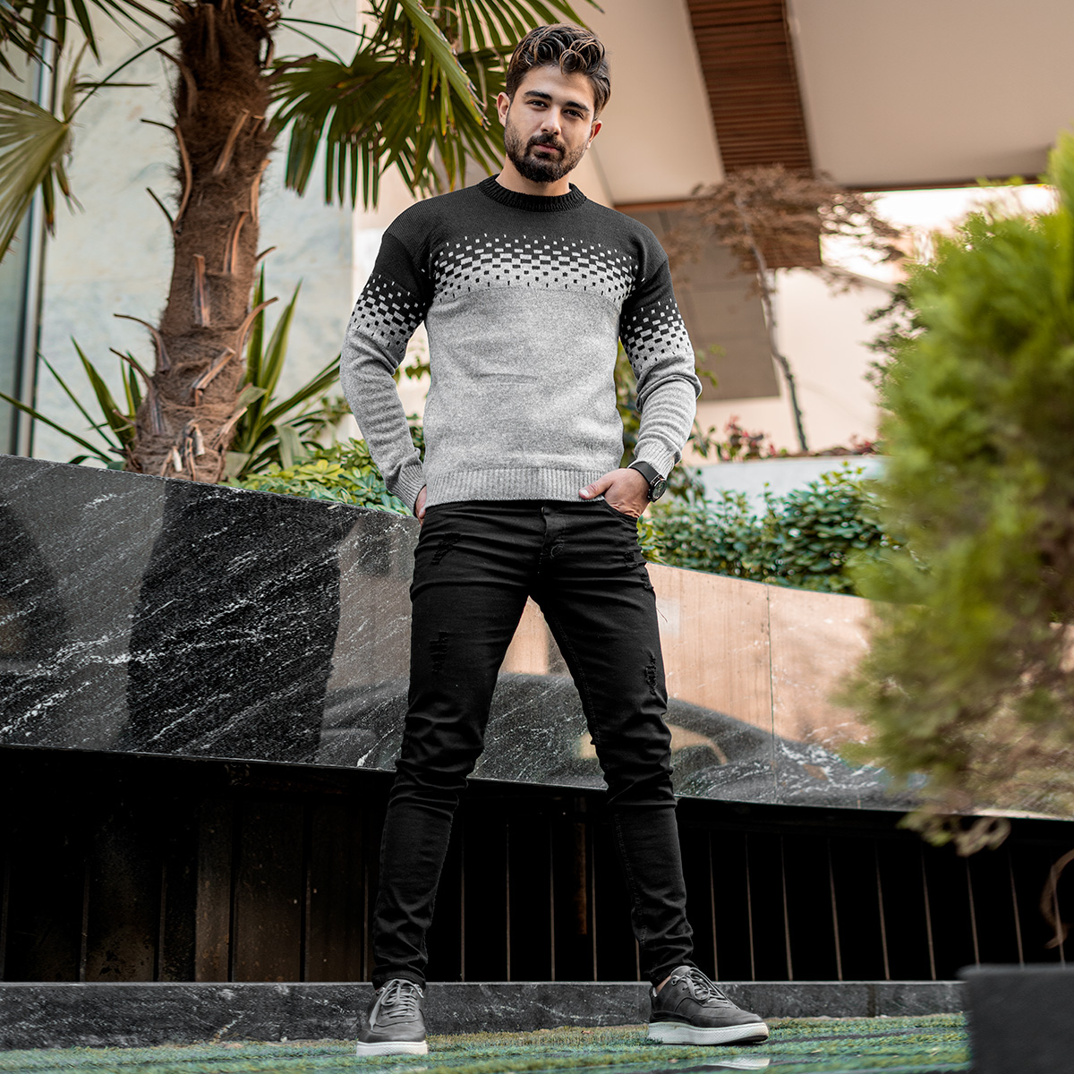 پلیور مردانه دو رنگ مشکی طوسی مدلShatel