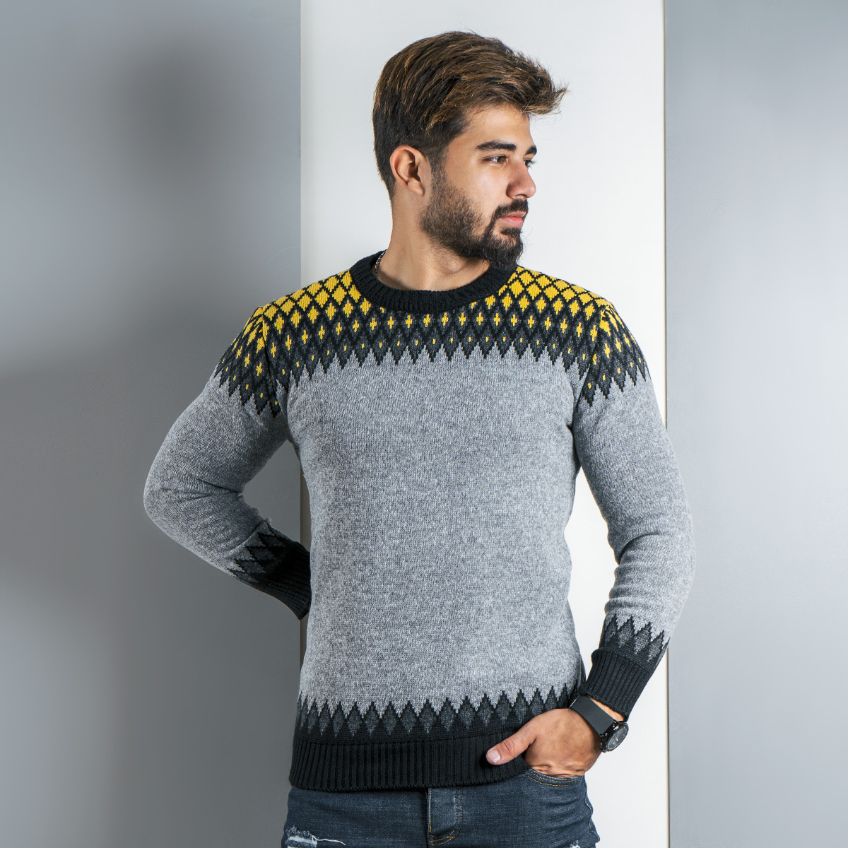 پلیور طوسی زرد(T) مردانه مدل tikal