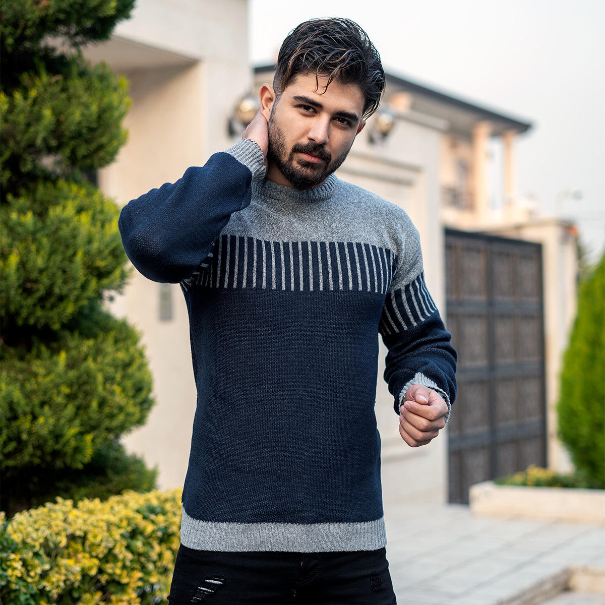 پلیور بافت مردانه طوسی سرمه ای مدل risha
