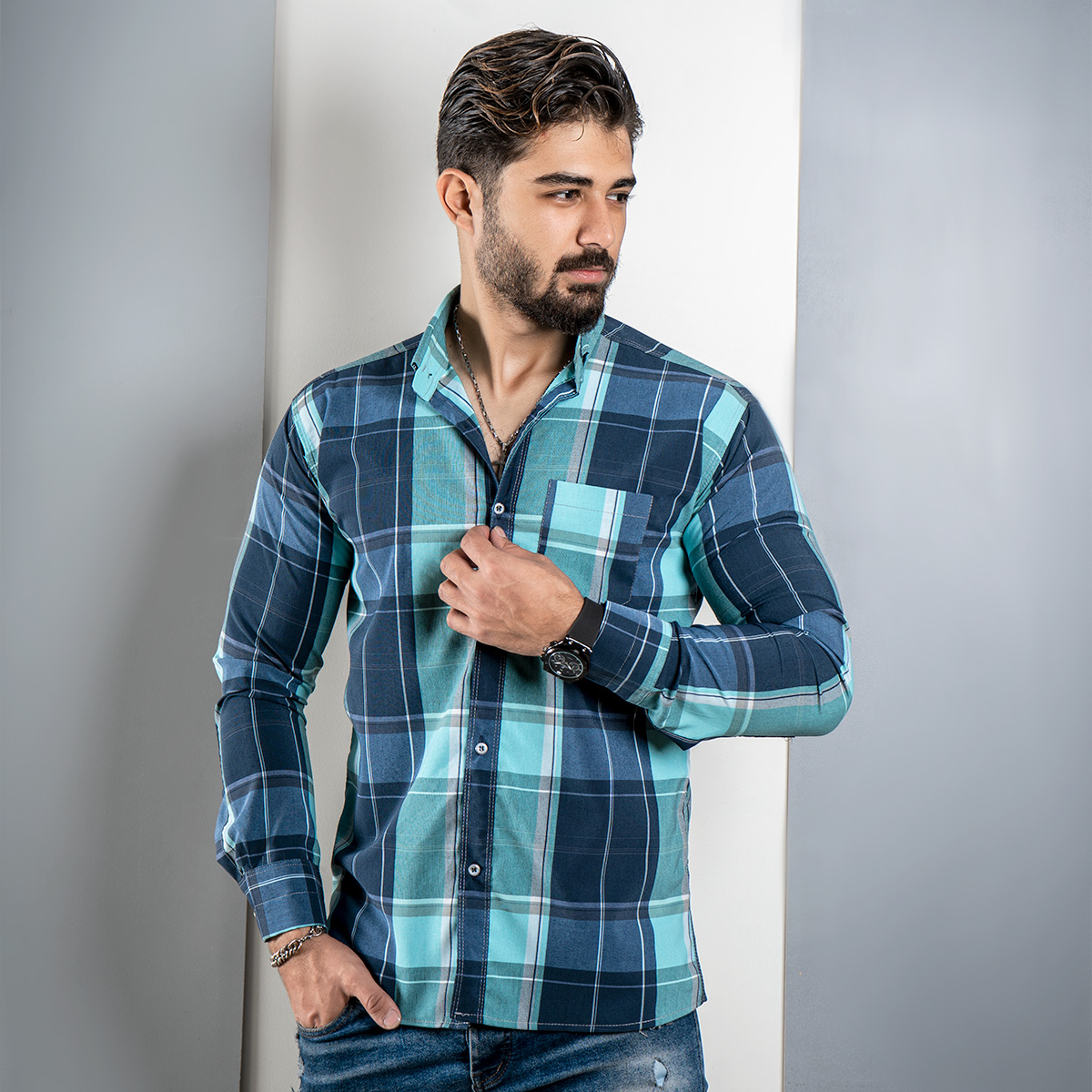 پیراهن چهارخانه سبز آبی مدلfan