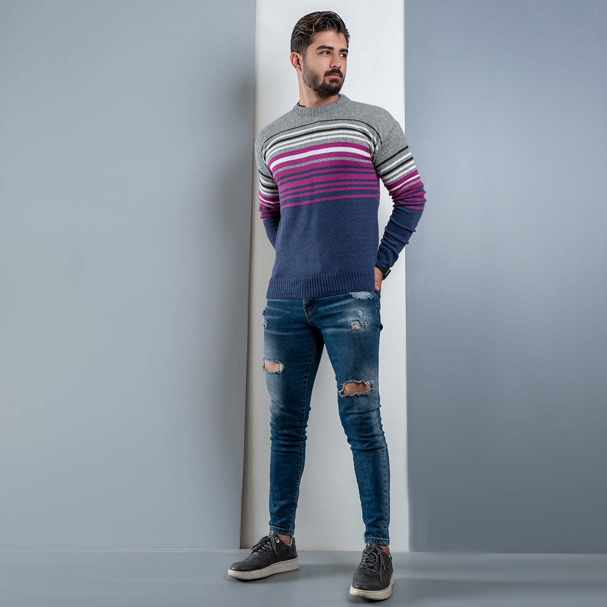 پلیور راه راه سرمه ای زرشکی(T) مردانه مدل nahed