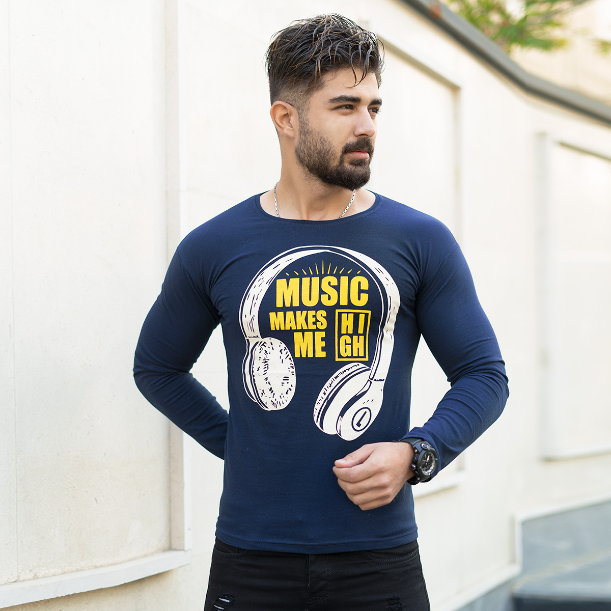 تیشرت آستین بلندمردانه طرح هدست سرمه ای مدل O22