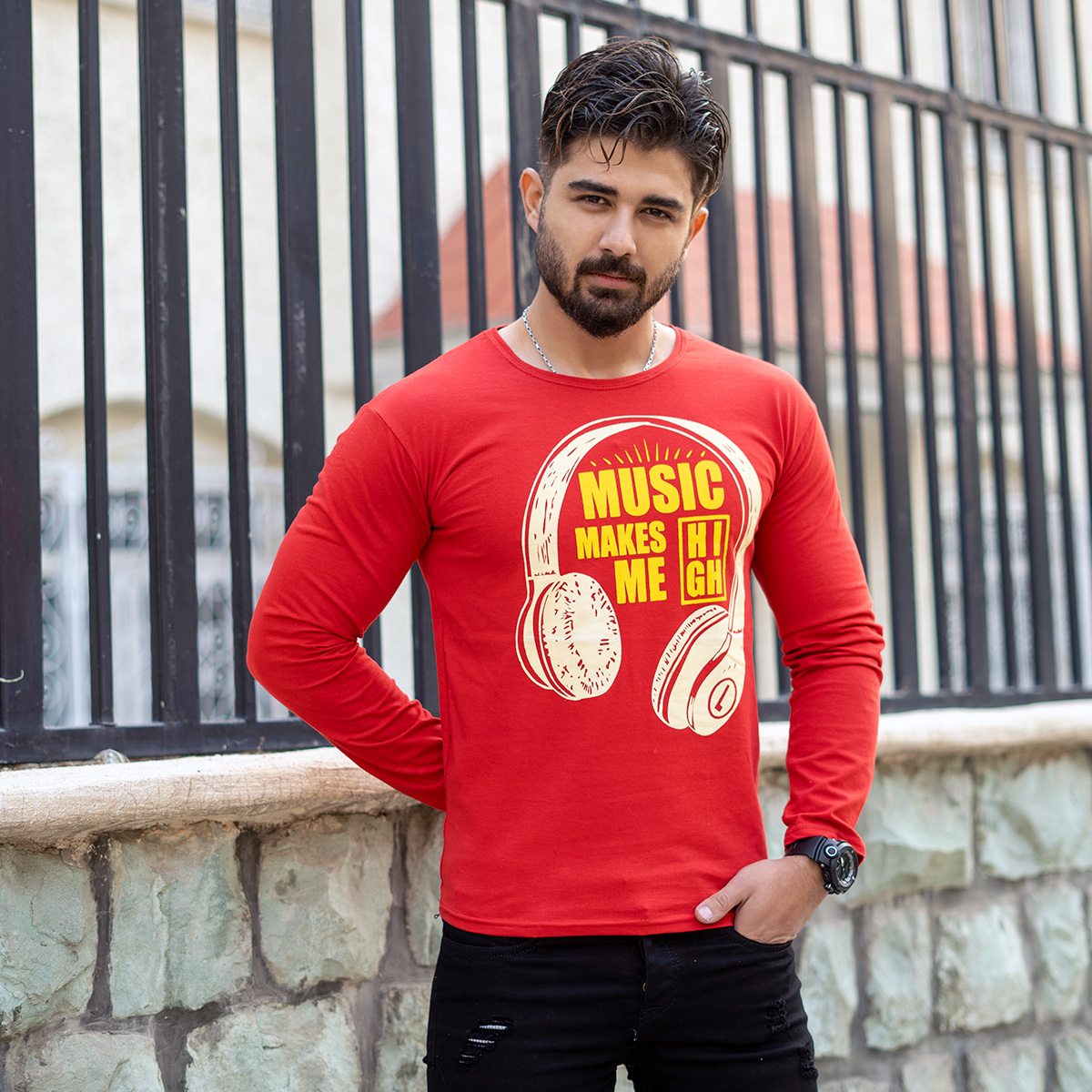 تیشرت آستین بلند مردانه طرح هدست قرمز مدل O22