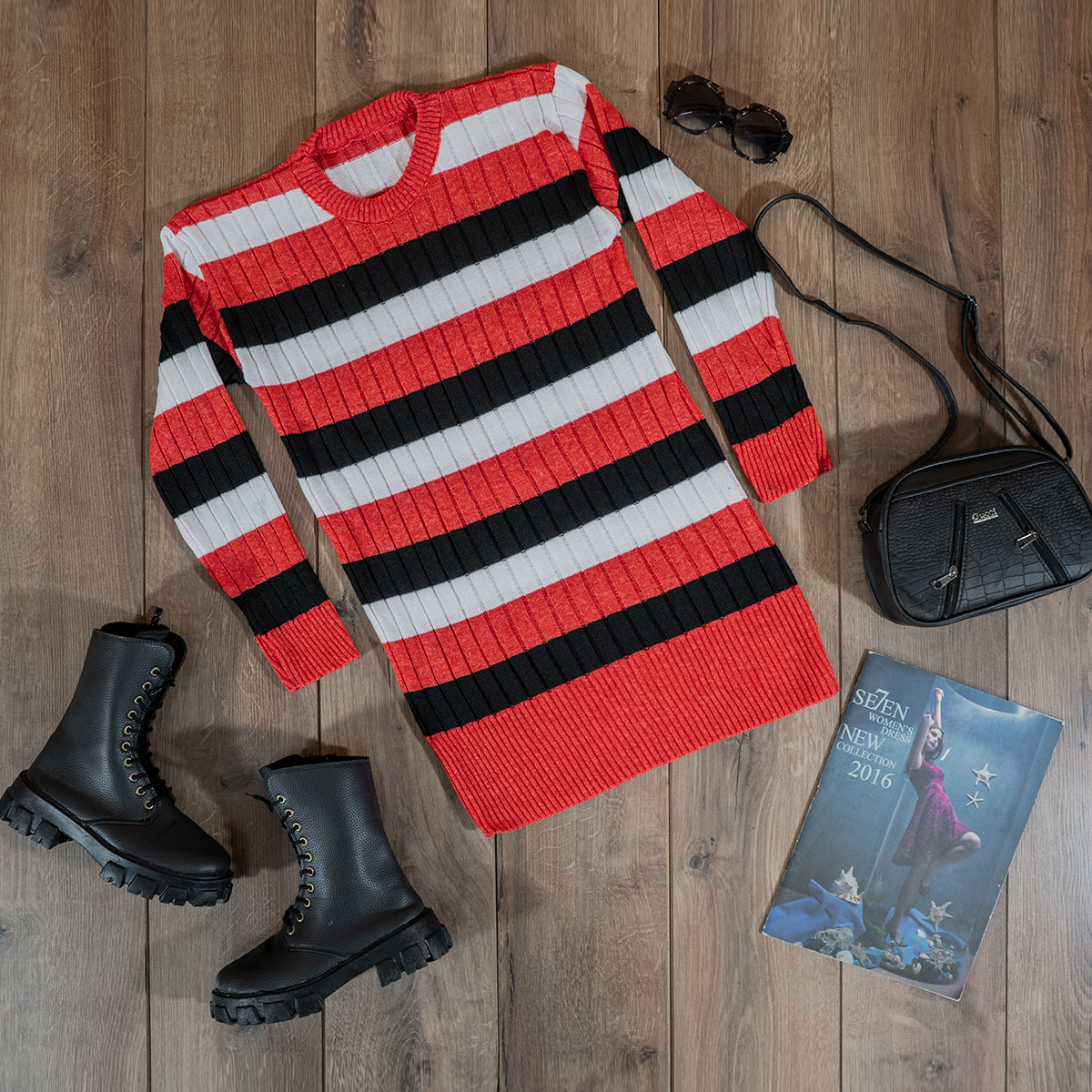 تونیک بافت زنانه راه راه سرخابی مشکی مدل kareno