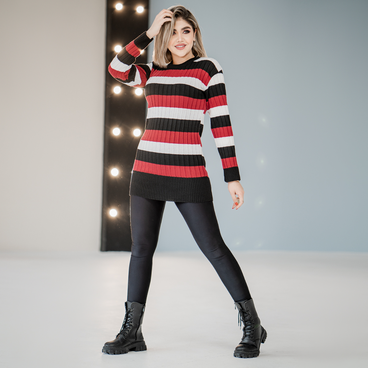 تونیک بافت زنانه راه راه قرمزمشکی مدل kareno