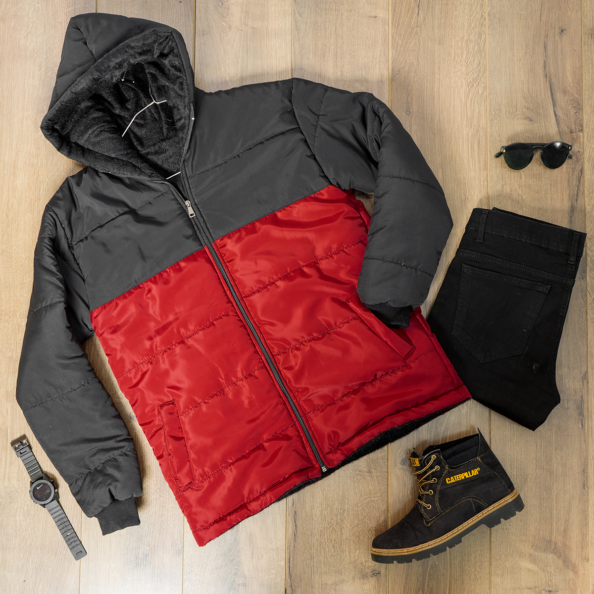 کاپشن مردانه مشکی قرمز مدل Dani