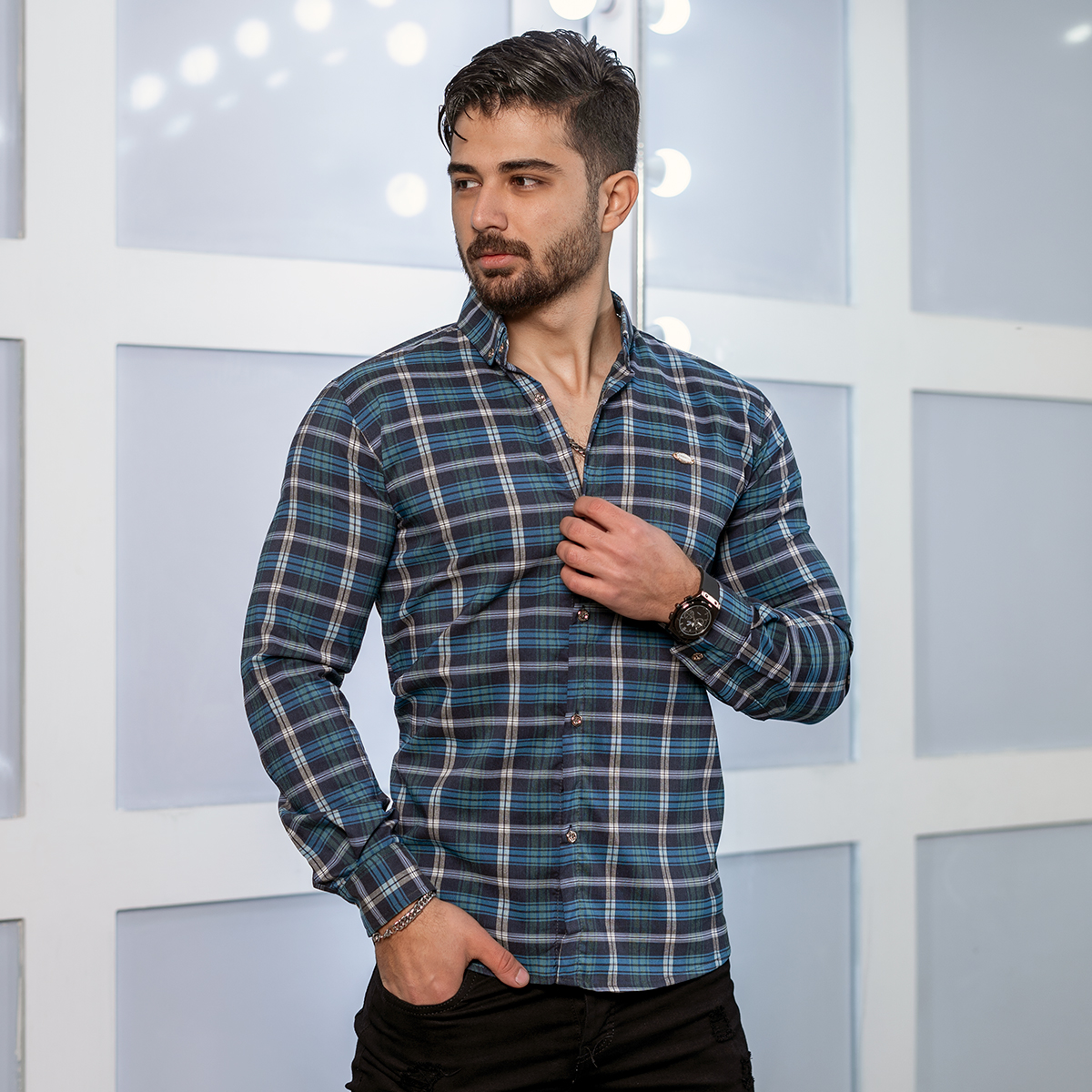 پیراهن چهارخونه سبز سرمه ای مردانه مدل Nadin