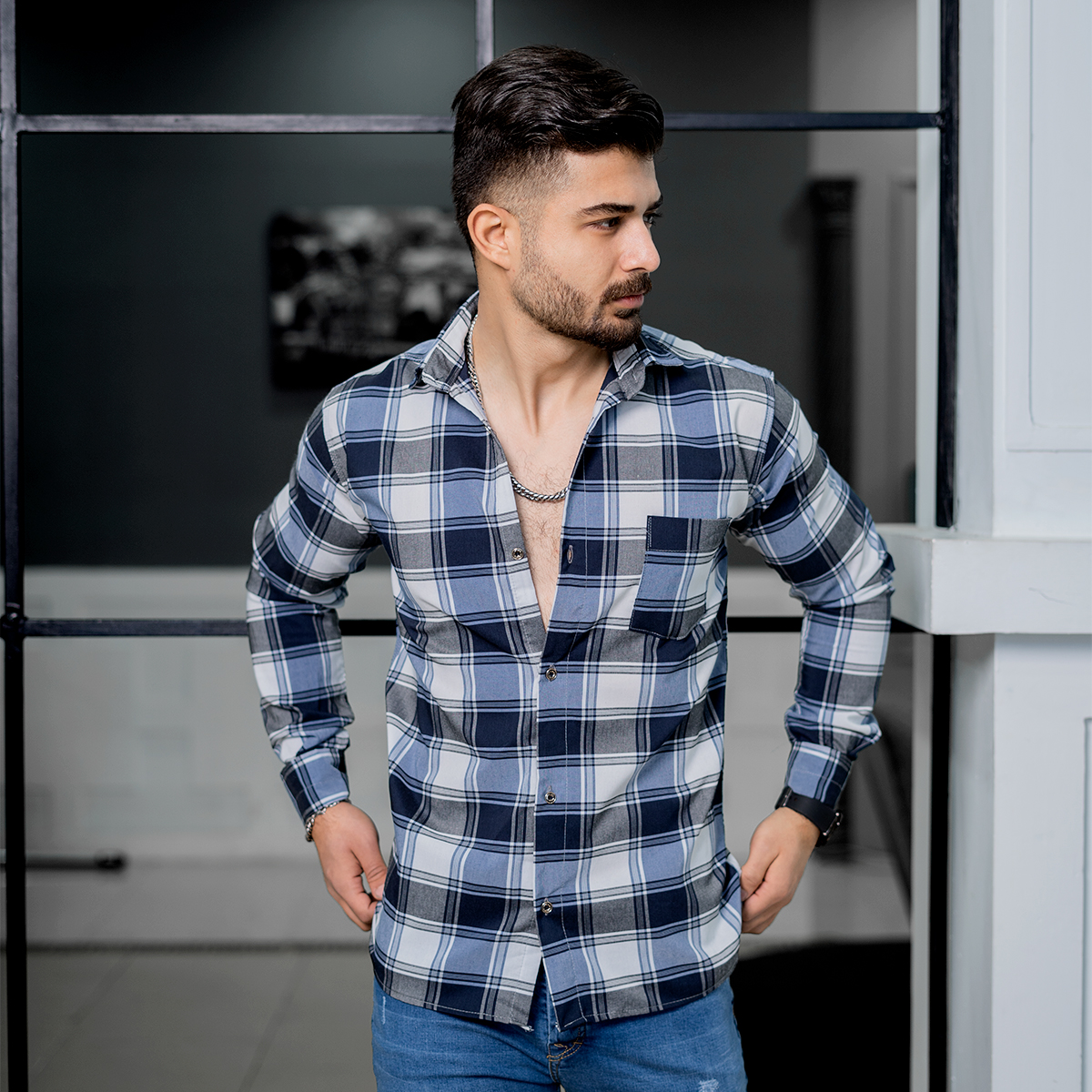 پیراهن مردانه چهارخونه سفید آبی مدل tones