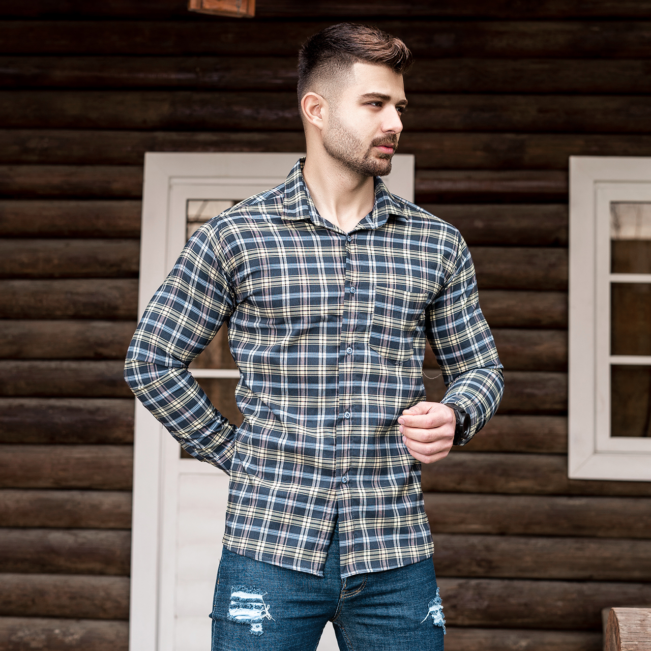 پیراهن چهارخانه کرم سرمه ای مردانه مدلDivan