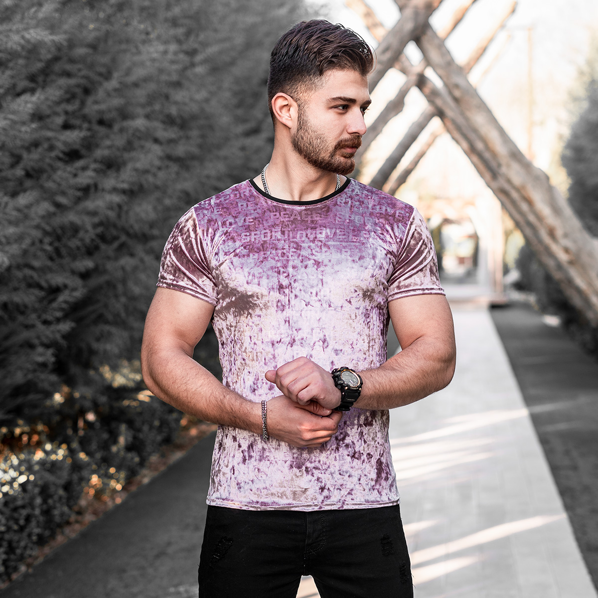 تیشرت مخمل صورتی مردانه مدل Tonis
