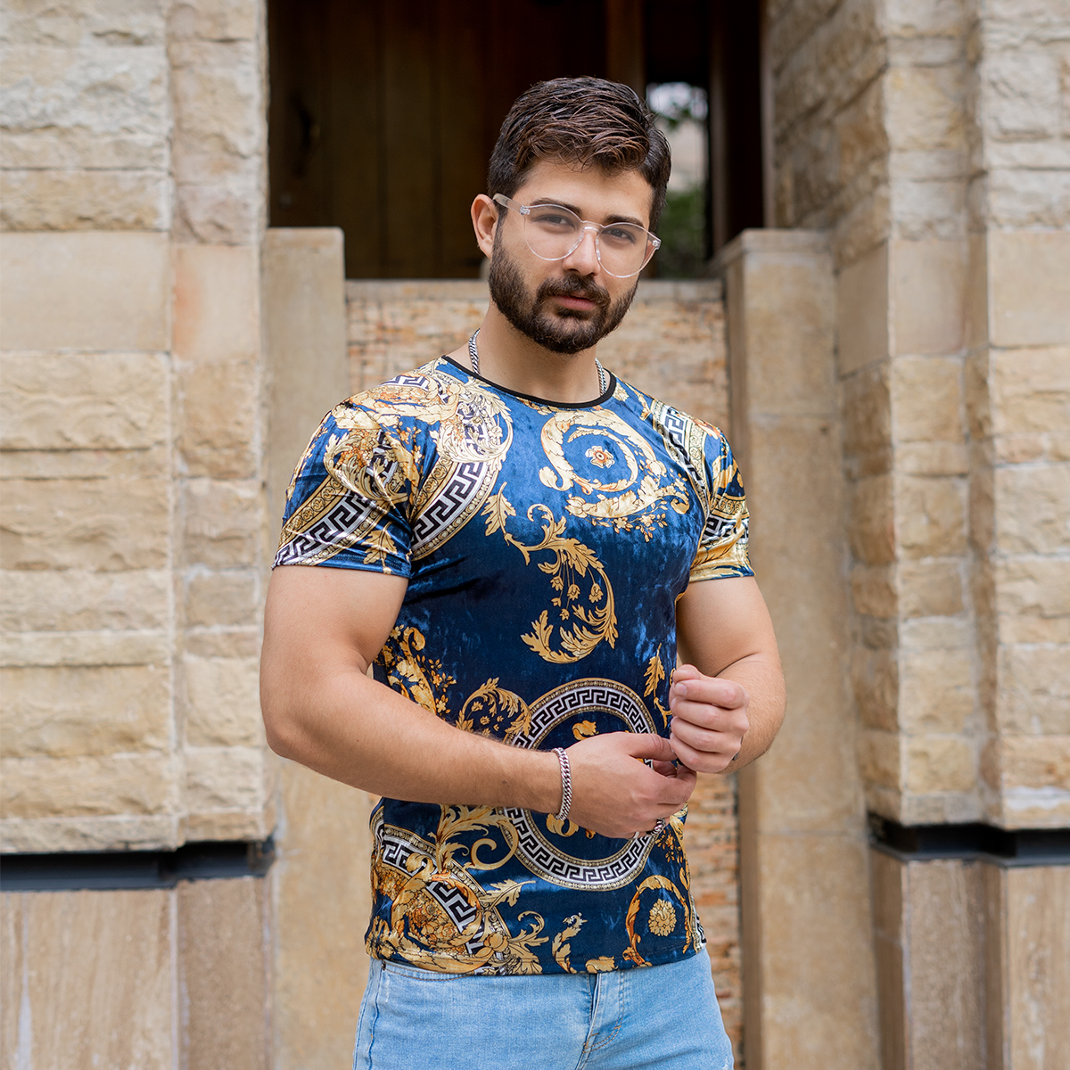 تیشرت مخمل سرمه ای طلایی ورساچه مردانه مدل 65