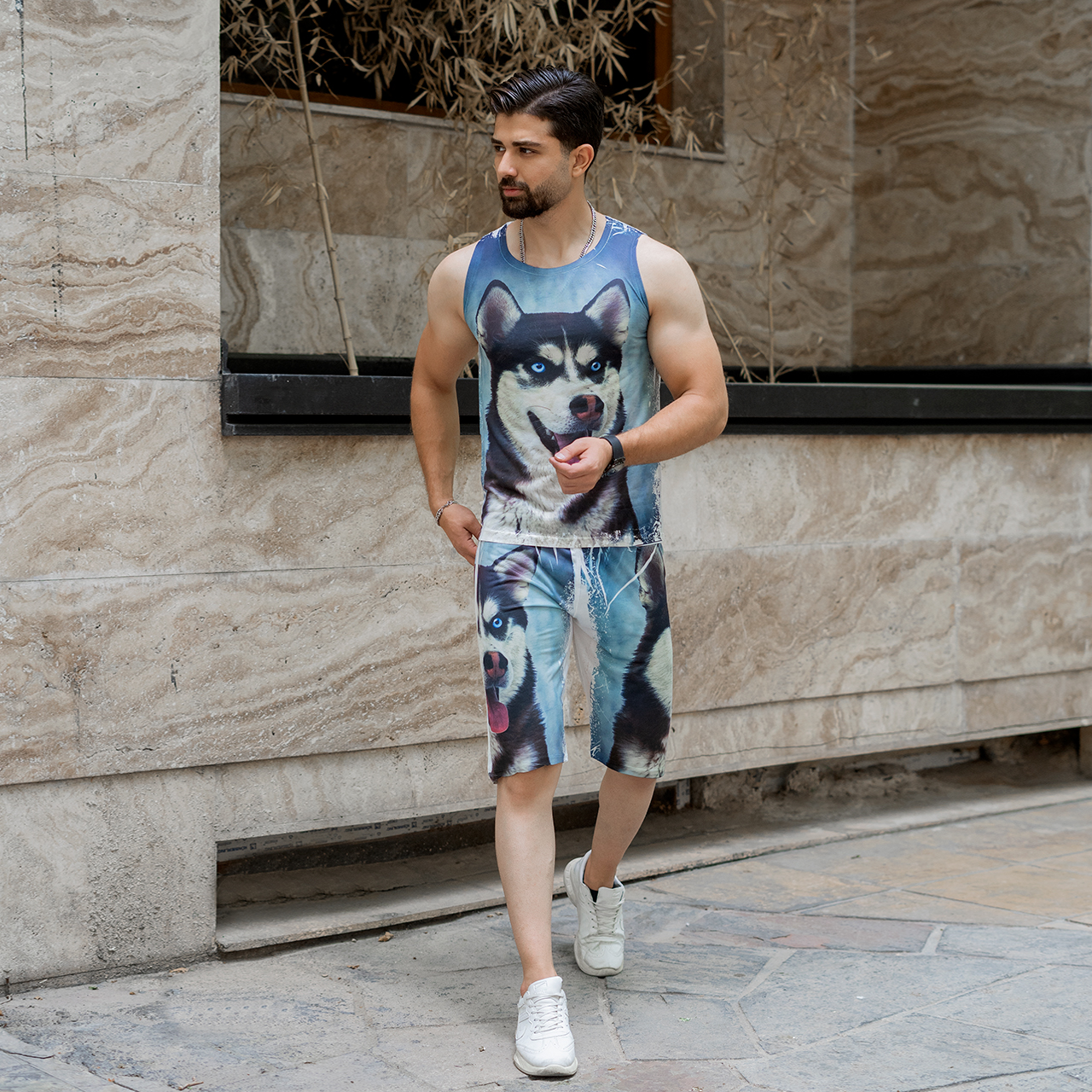 ست رکابی شلوارک آبی مردانه مدل Husky