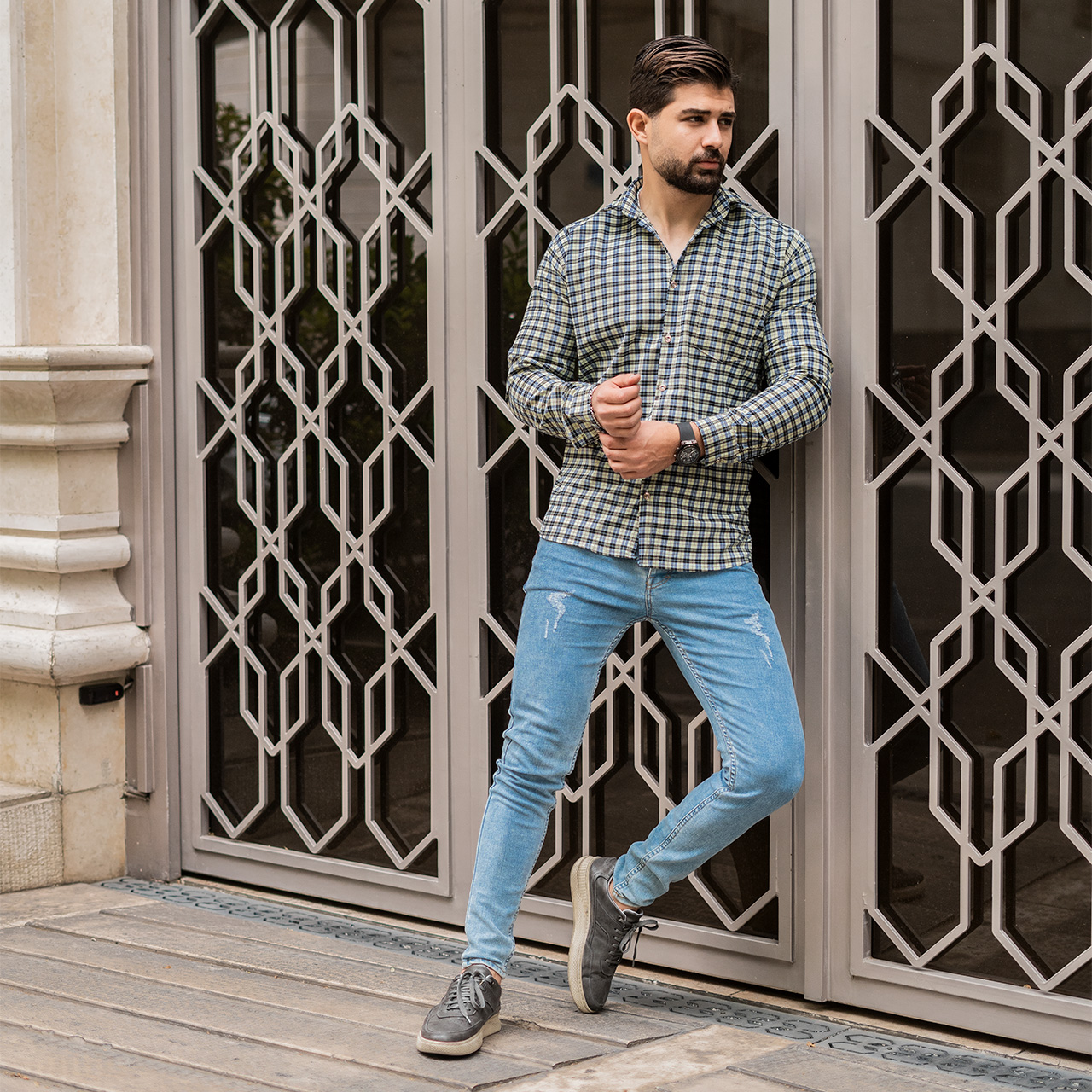 پیراهن مردانه(T) چهار خونه ریز لیمویی کمرنگT78