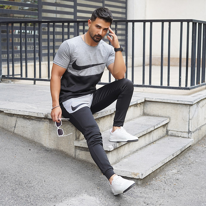 ست تیشرت شلوار نایک طوسی مشکی مردانه مدلMs2