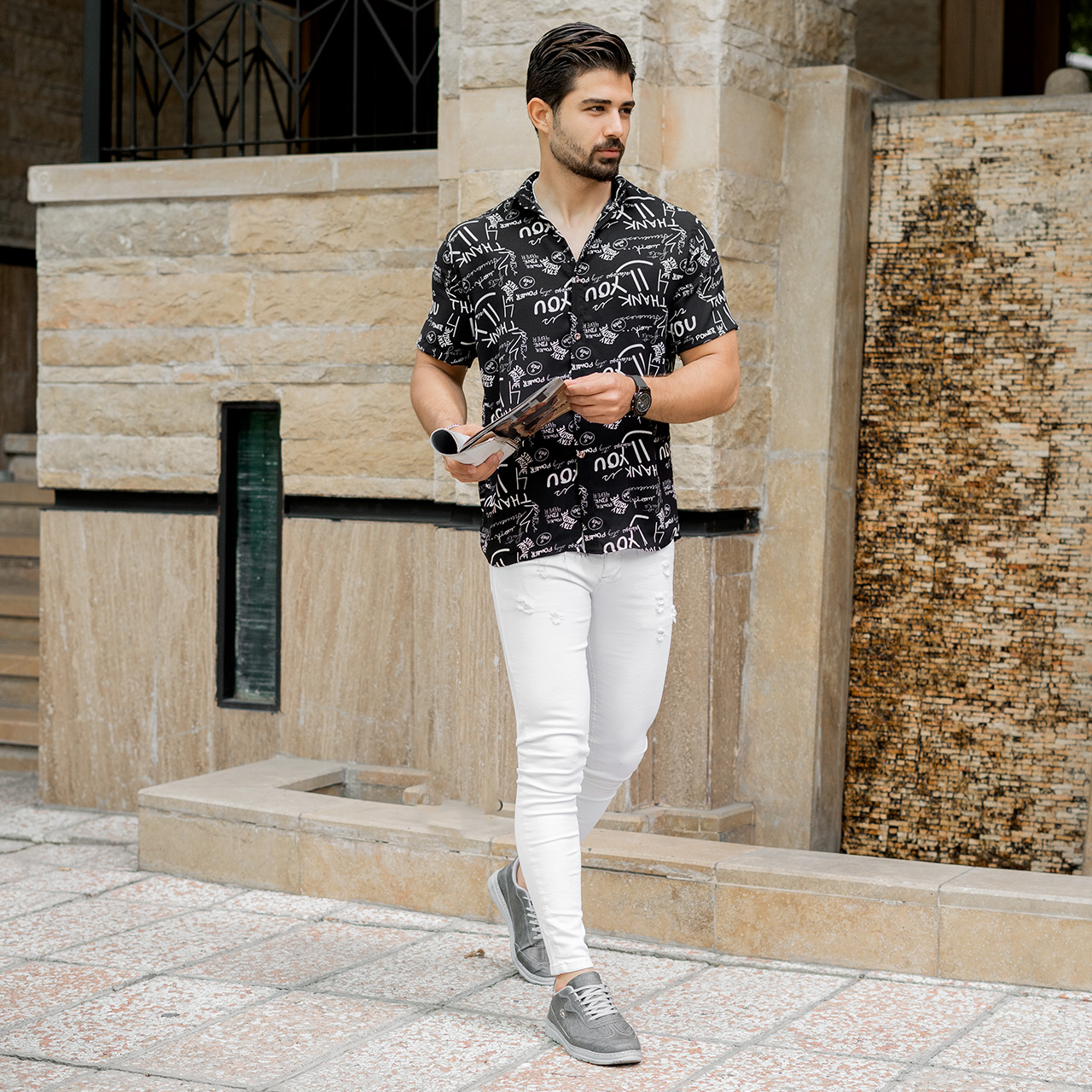 پیراهن هاوایی مردانه طرح لبخند مدلThank You