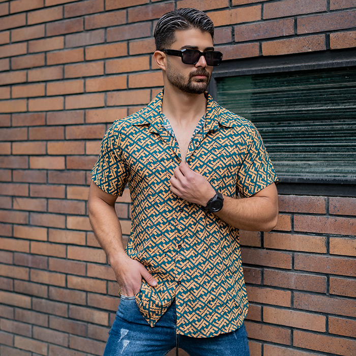 پیراهن هاوایی طرح فندی زرد مردانه مدل F82