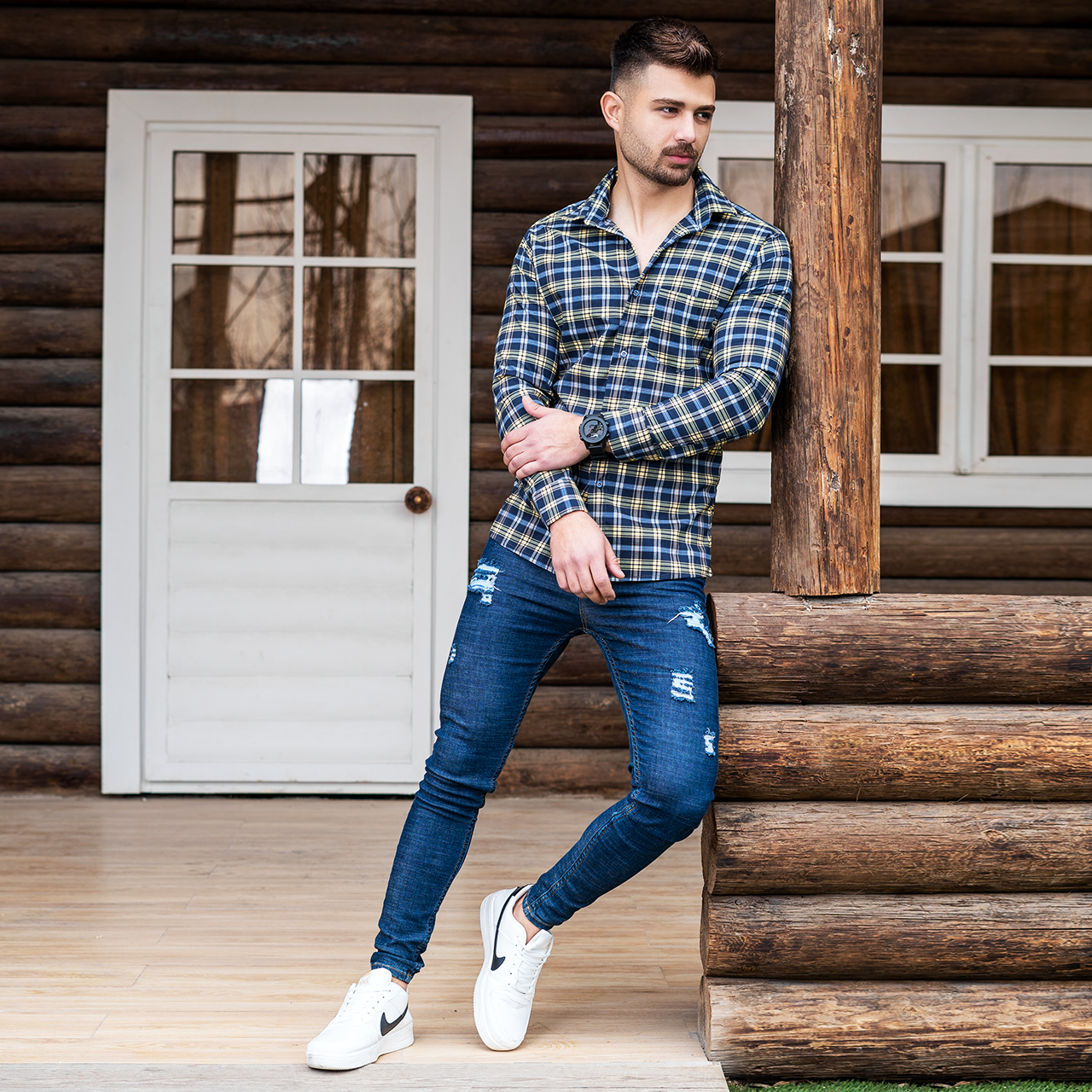 دوتا پیراهن چهارخانه زرد سرمه ای مردانه مدلDivan