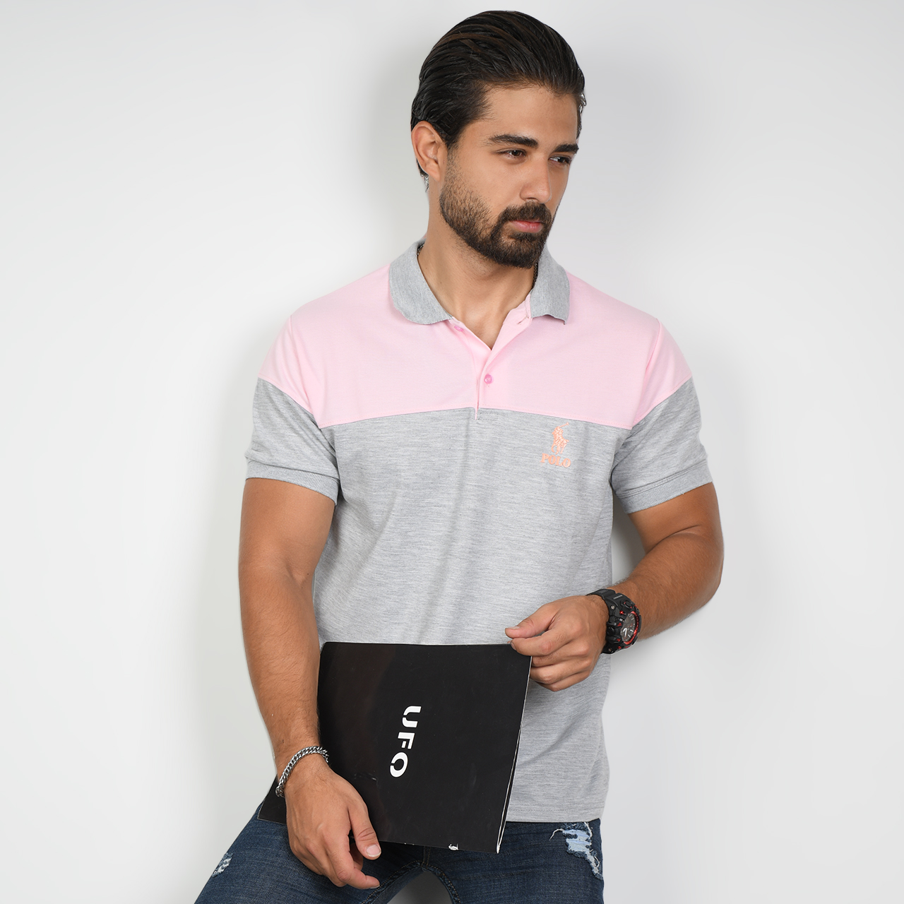 تیشرت مردانه POLO طوسی- صورتی مردانه Mazyar