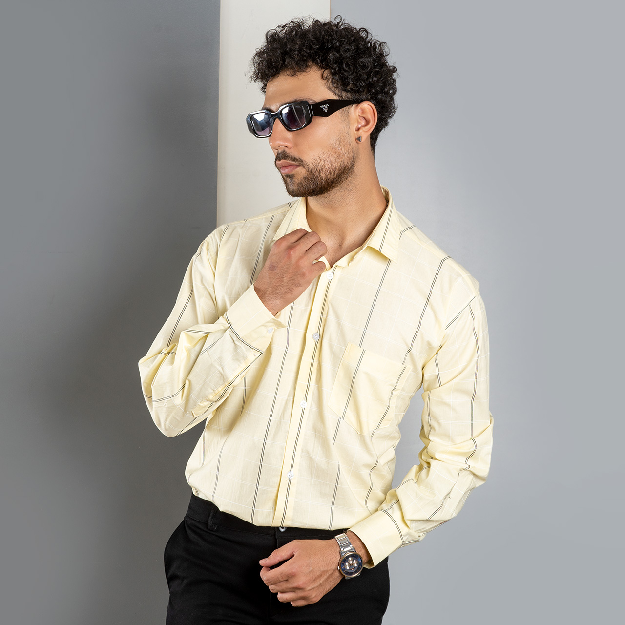 پیراهن خط دار زرد مردانه مدل Morfi
