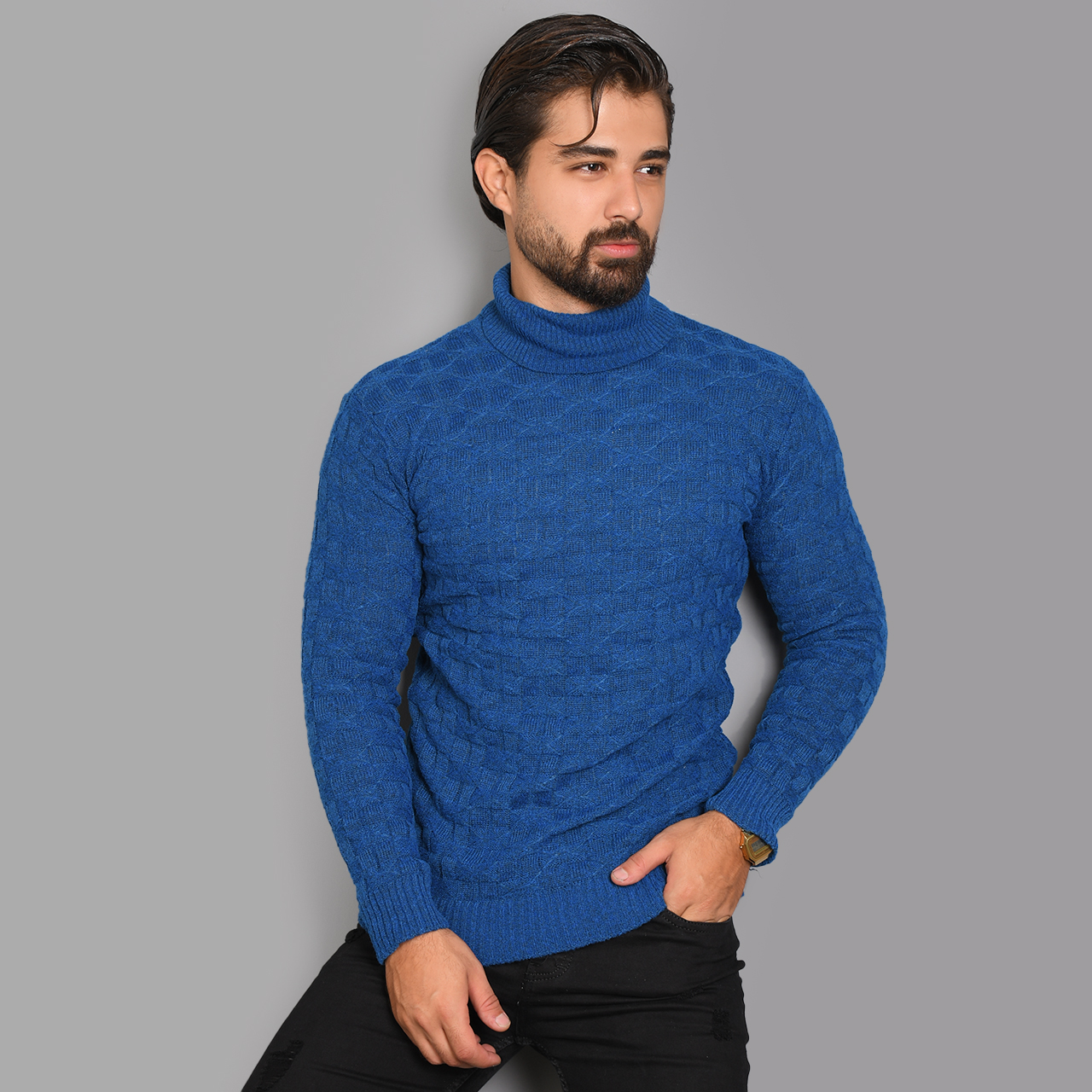 پلیور یقه اسکی آبی طرح لوزی مردانه مدلG10