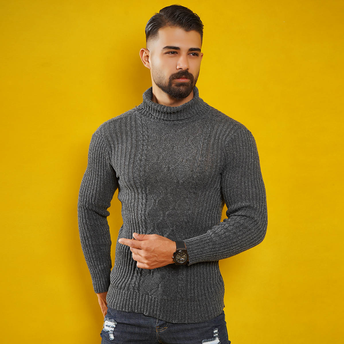 پلیوربافت مردانه ذغالی یقه اسکی مدل Hakan