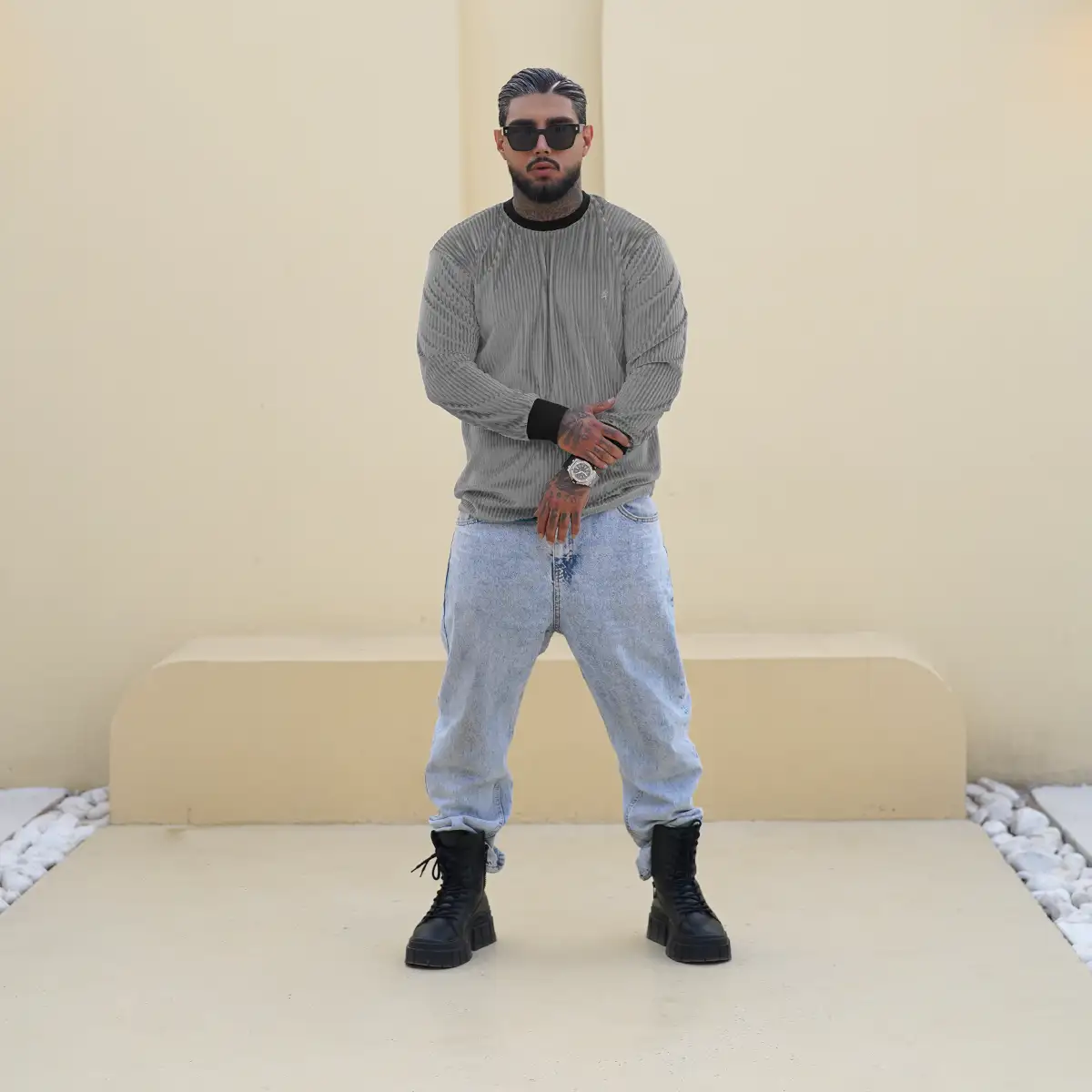 تیشرت آستین بلند طوسی مردانه مدل Behrouz