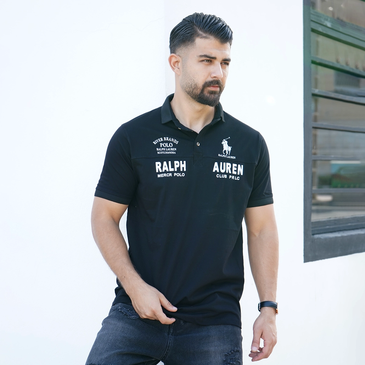 تیشرت یقه دار مشکی مردانه مدل Ralph