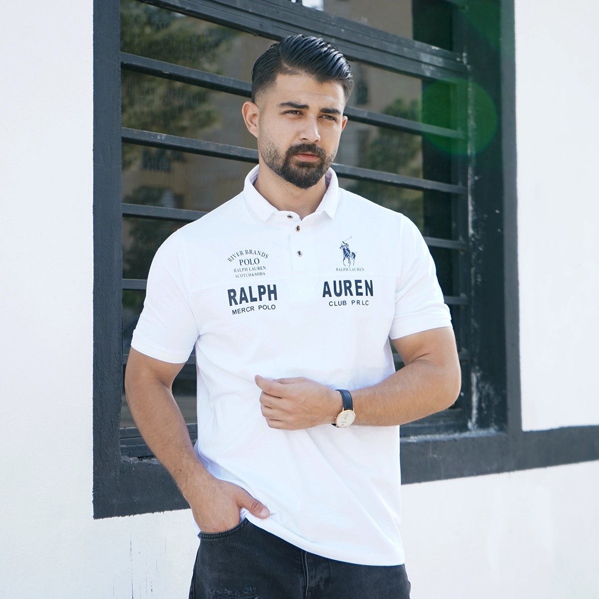 تیشرت یقه دار سفید مردانه مدل Ralph