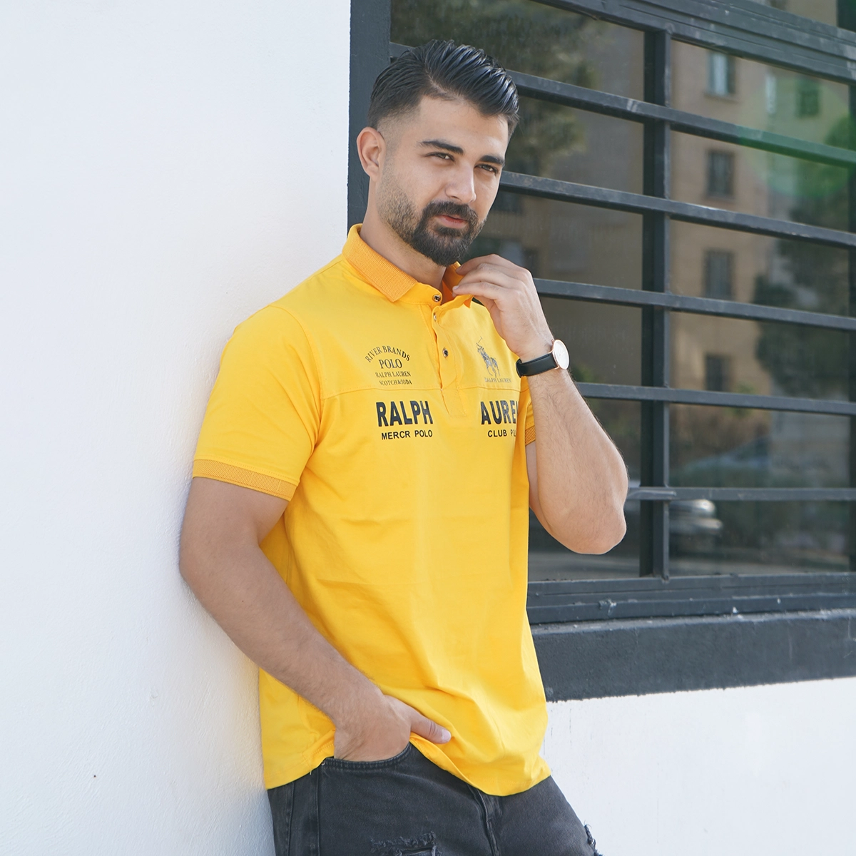 تیشرت یقه دار زرد مردانه مدل Ralph