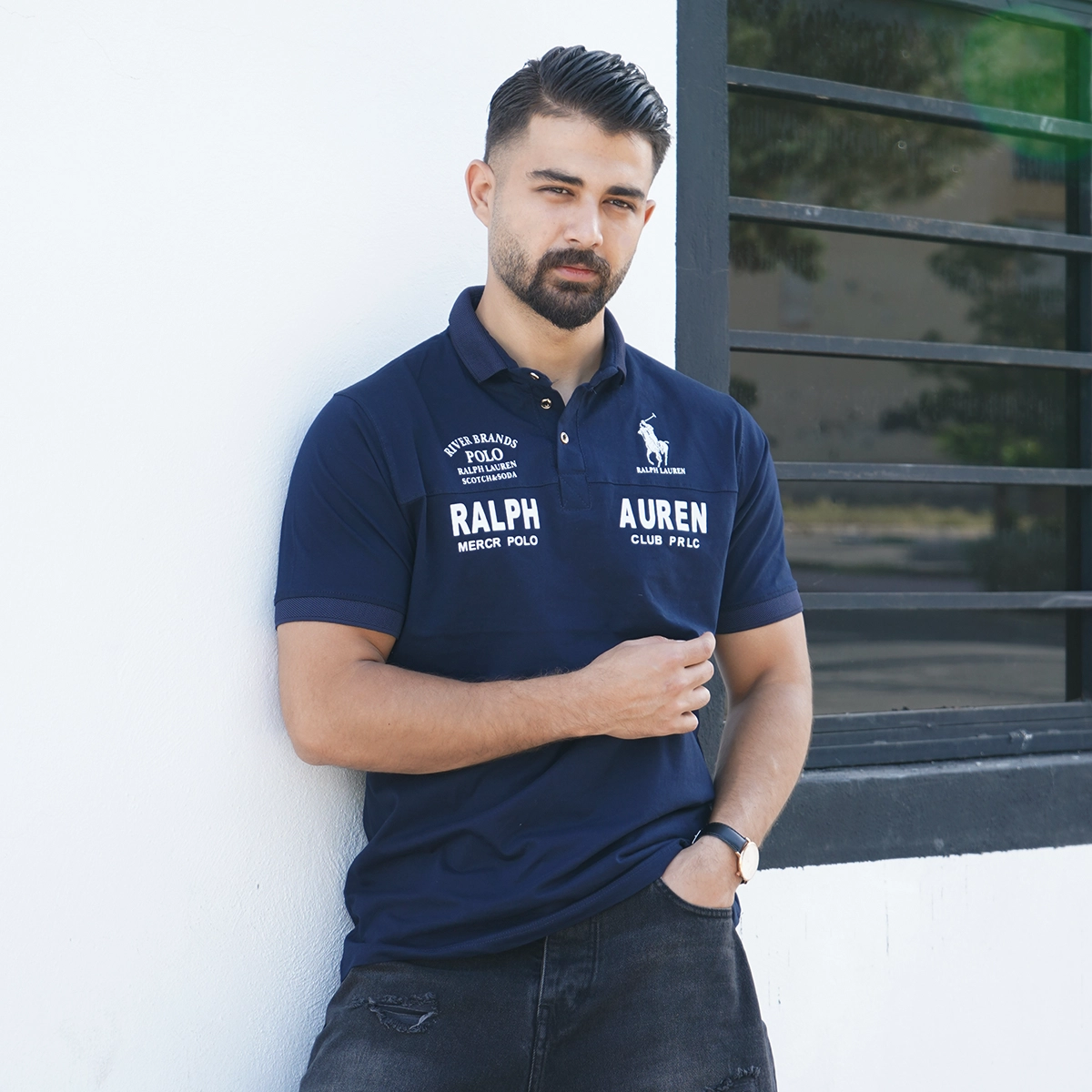 تیشرت یقه دار سرمه ای مردانه مدل Ralph