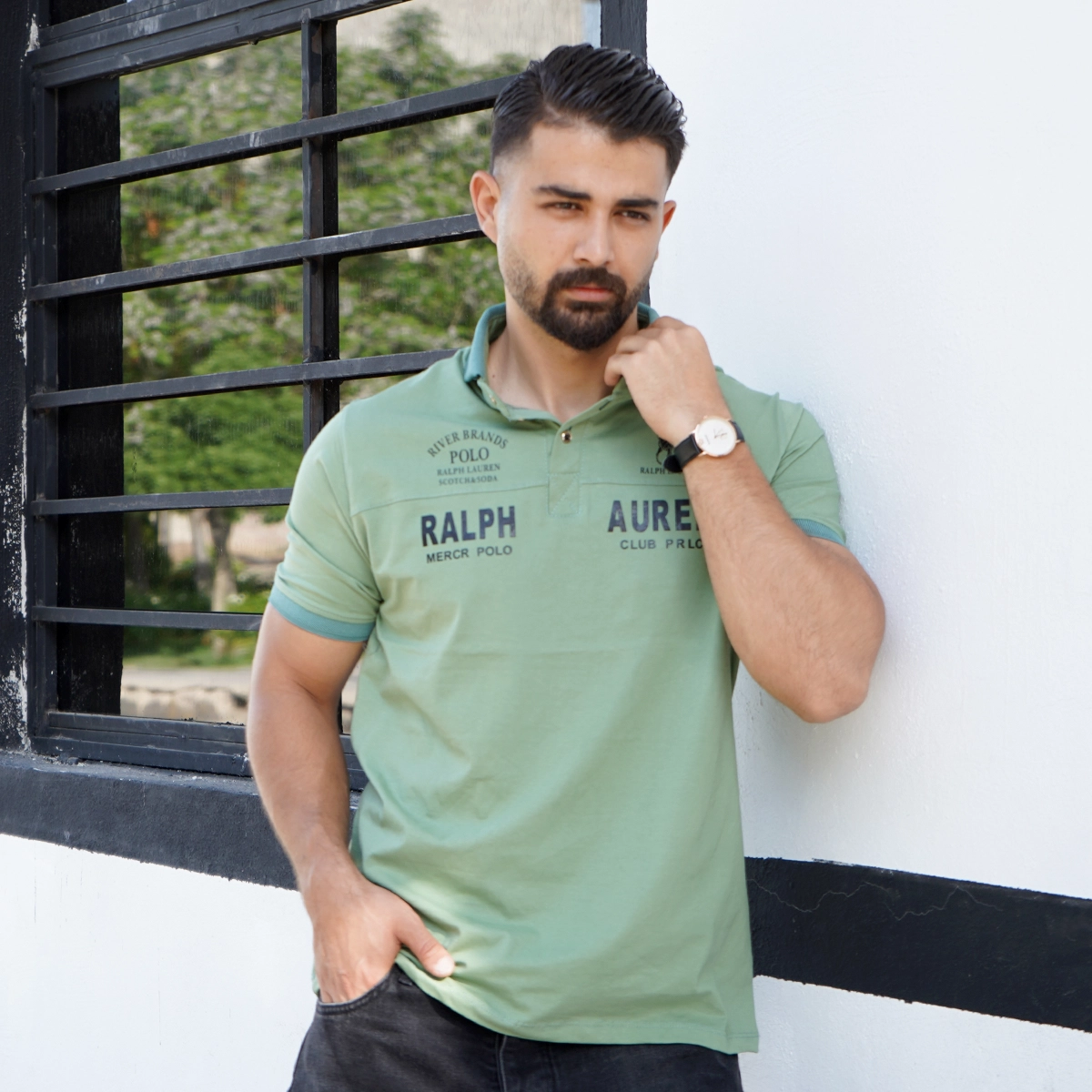 تیشرت یقه دار سبز مردانه مدل Ralph