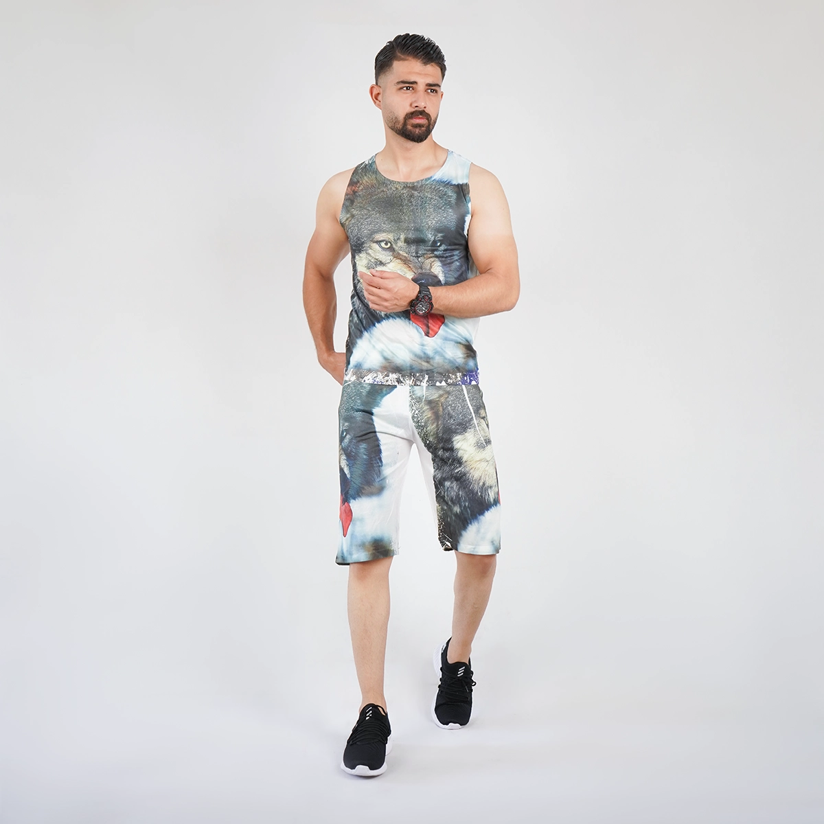 ست رکابی شلوارک مردانه طرح گرگ