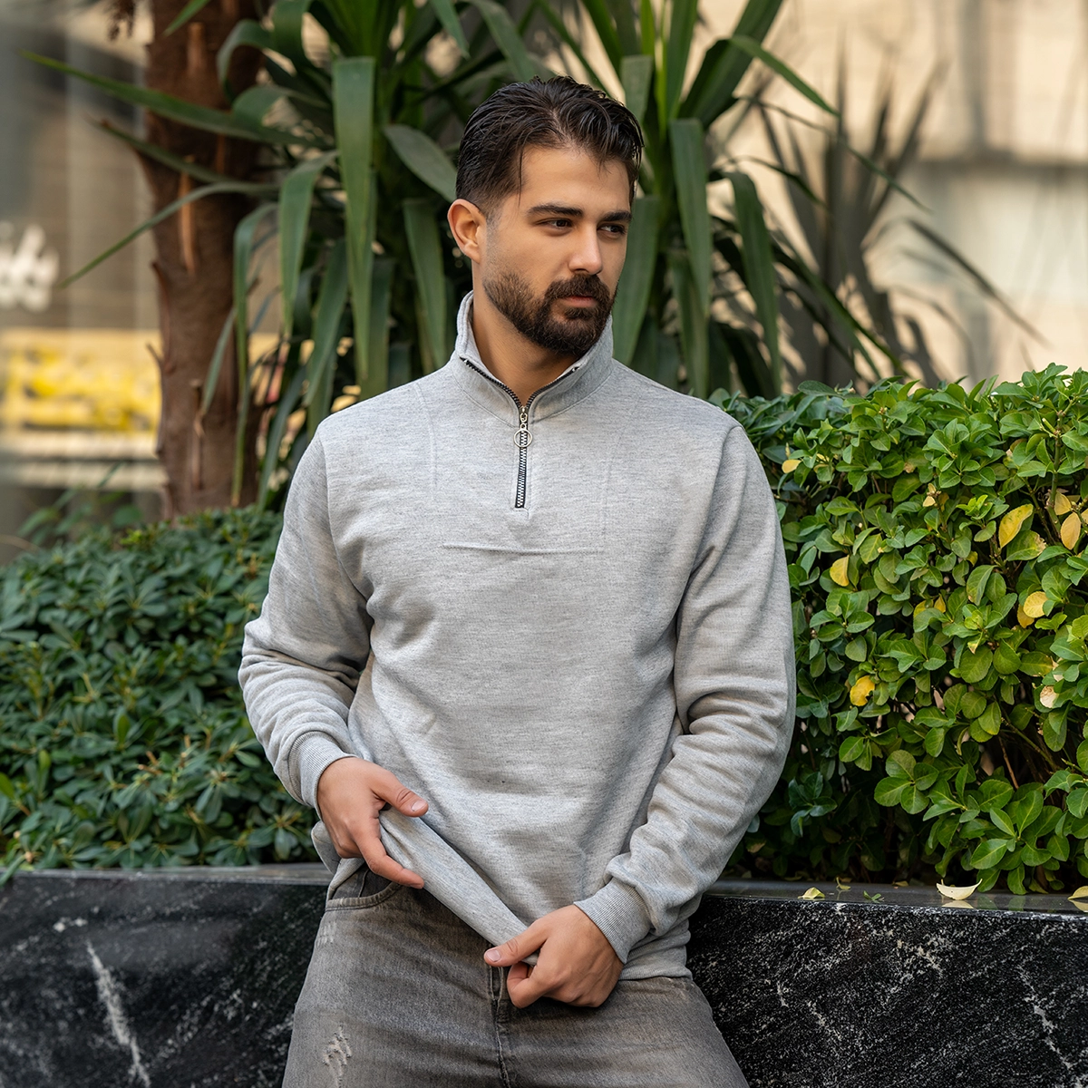 هودی نیم زیپ مردانه طوسی مدل Shobin