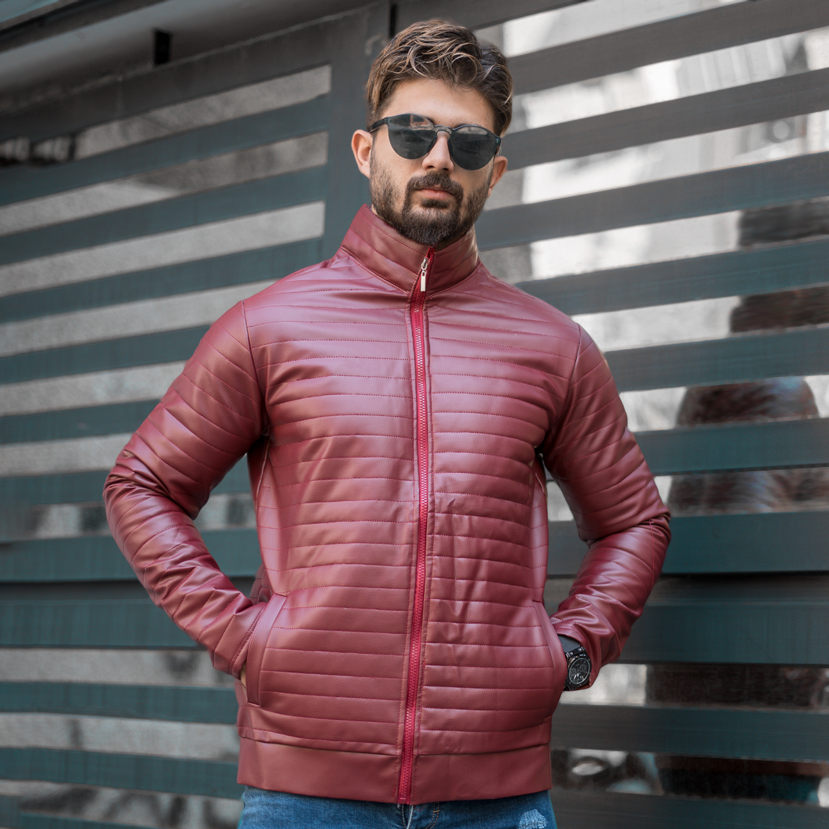 کاپشن چرم مردانه زرشکی مدل TIMER