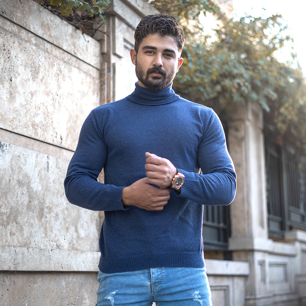 پلیور بافت یقه اسکی مردانه مدل Ersan رنگ آبی