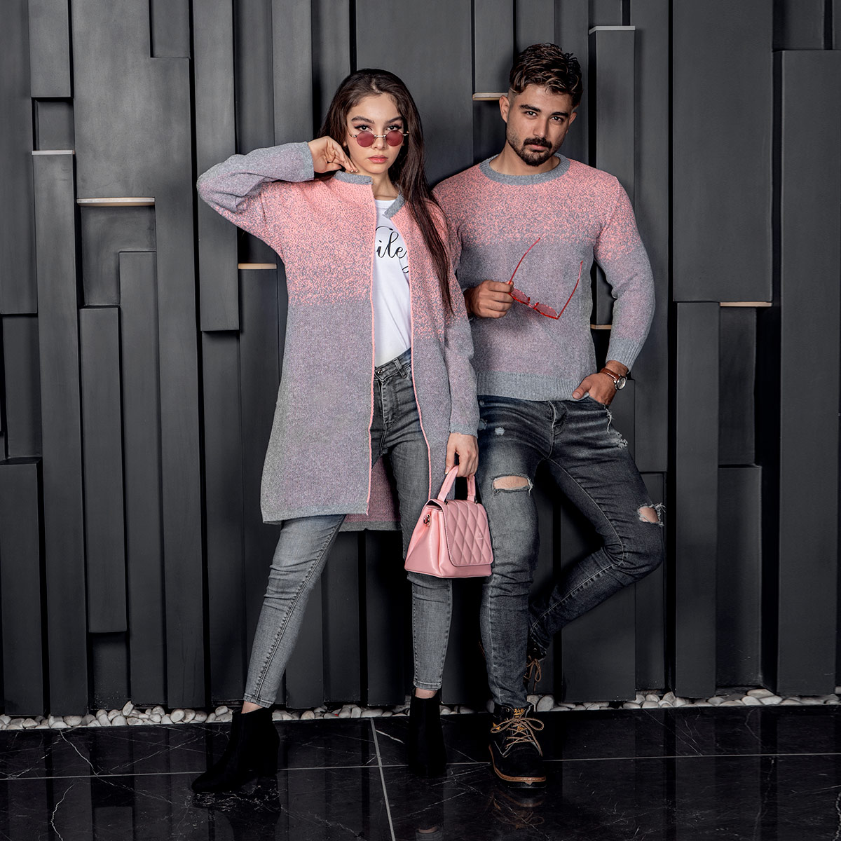 ست بافت طوسی صورتی مدل Shiba