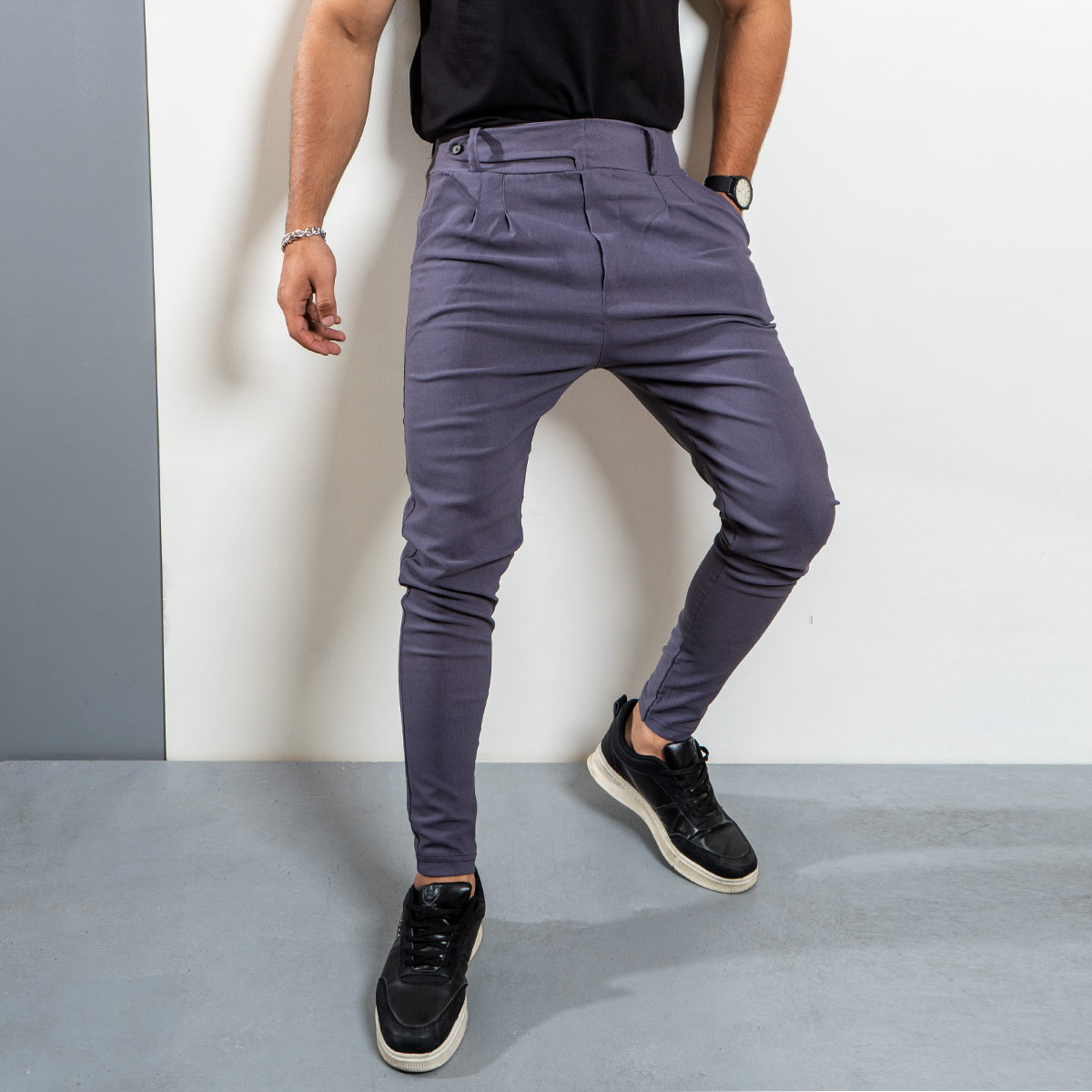 شلوار اسلش کمربندی طوسی مردانه مدل Zaros